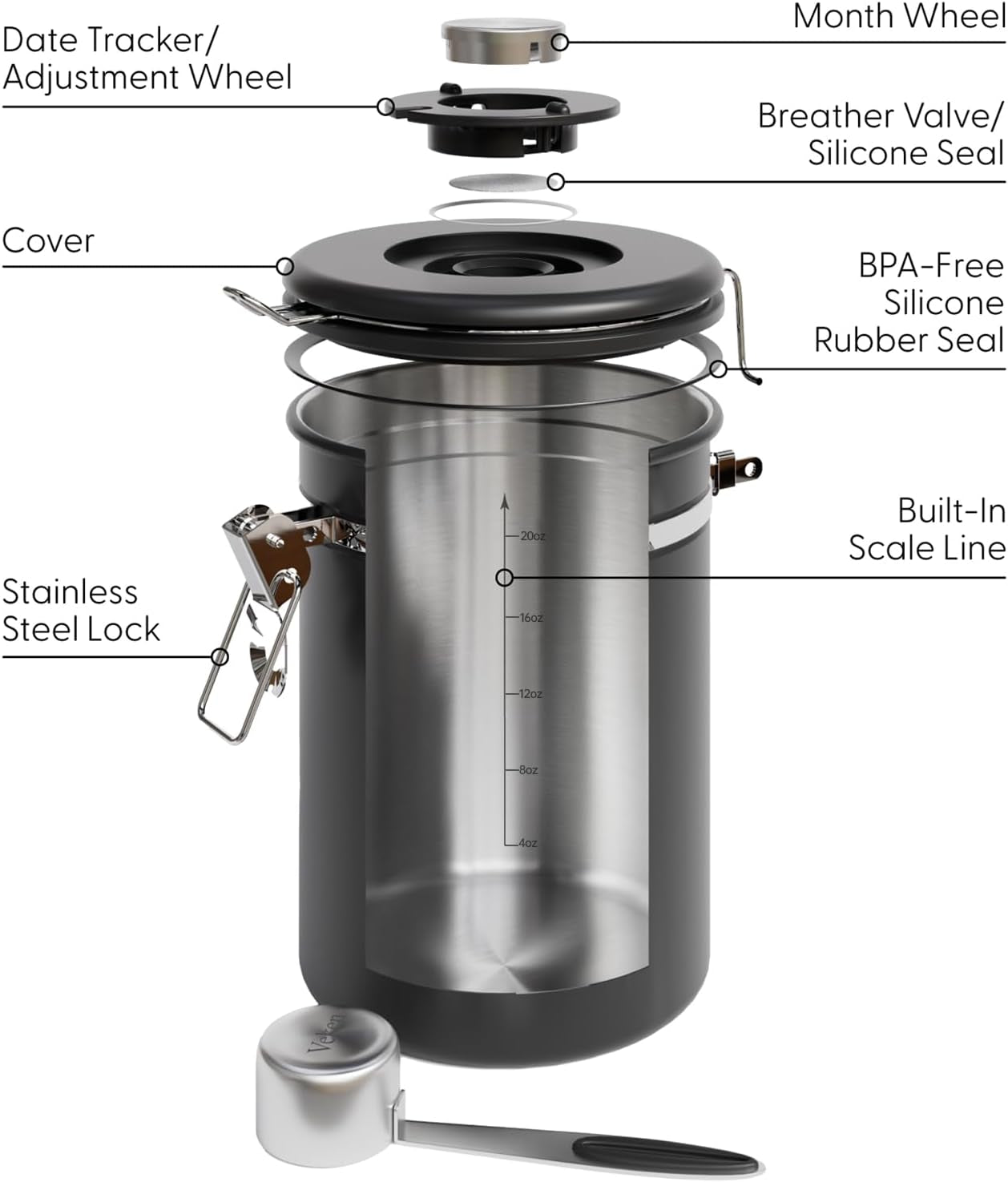 Coffee Canister with Window, Airtight Stainless Steel Kitchen Food Storage Container, Date Tracker and Scoop for Grounds Coffee Bar Accessories, Beans, Tea, Sugar, Flour, Cereal, 22OZ, Black