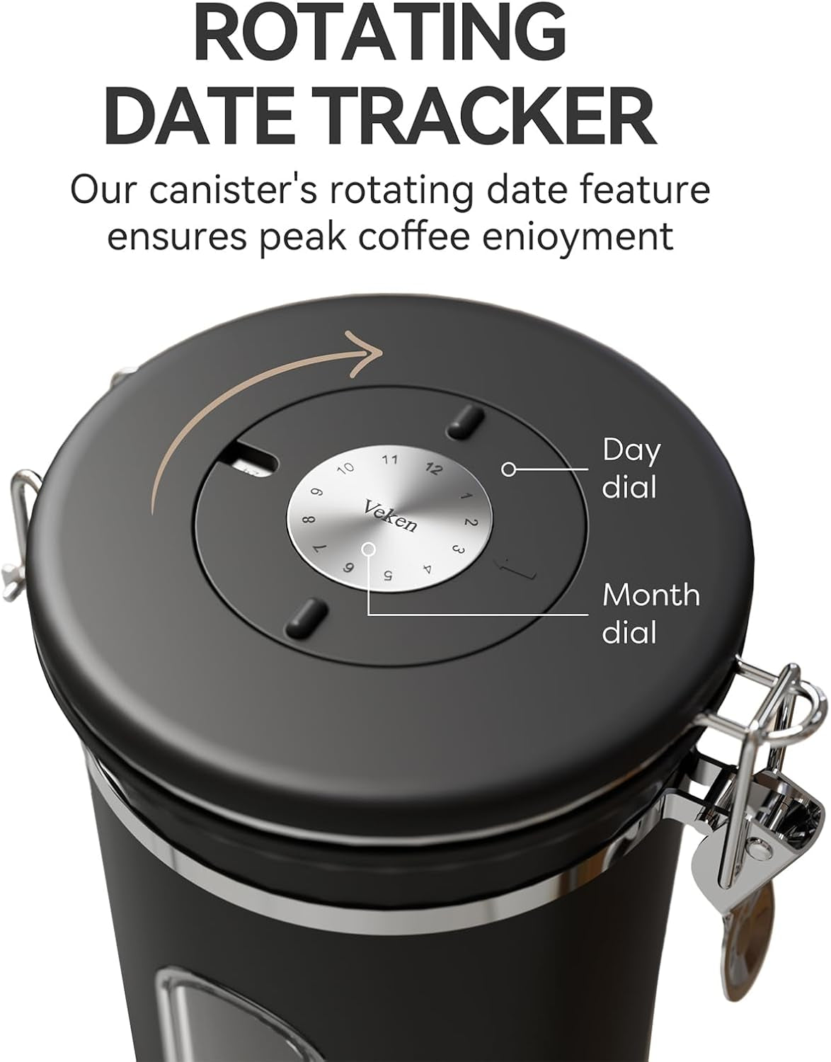Coffee Canister with Window, Airtight Stainless Steel Kitchen Food Storage Container, Date Tracker and Scoop for Grounds Coffee Bar Accessories, Beans, Tea, Sugar, Flour, Cereal, 22OZ, Black