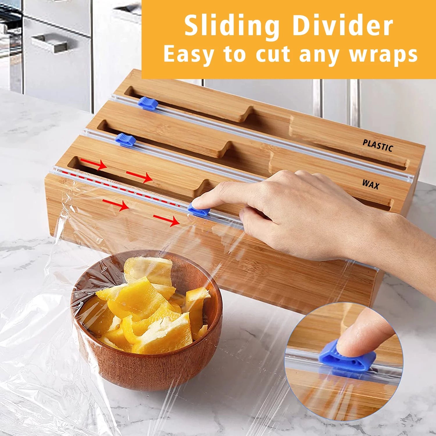 Plastic Wrap Dispenser with Cutter, 3 in 1 Bamboo Plastic Wrap Foil and Wax Paper Organizer and Dispenser for Kitchen Drawer, Wall Mount Holder (3 Slots)
