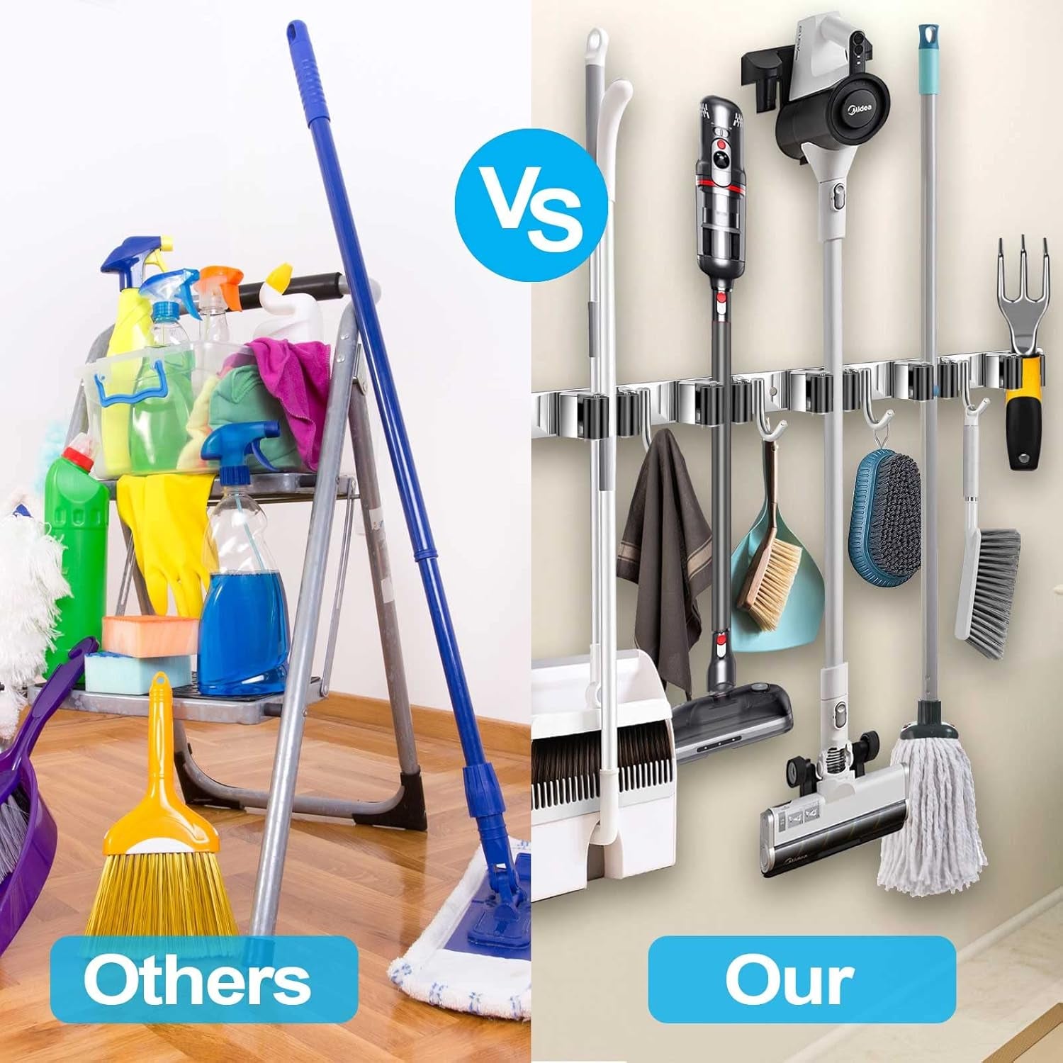 Heavy Duty Metal Mop and Broom Holder, Rust Proof, 5 Racks, 4 Hooks, Sturdy Stainless Steel, Space Saving, Easy Installation, Multi-Functional, After-Sale Service
