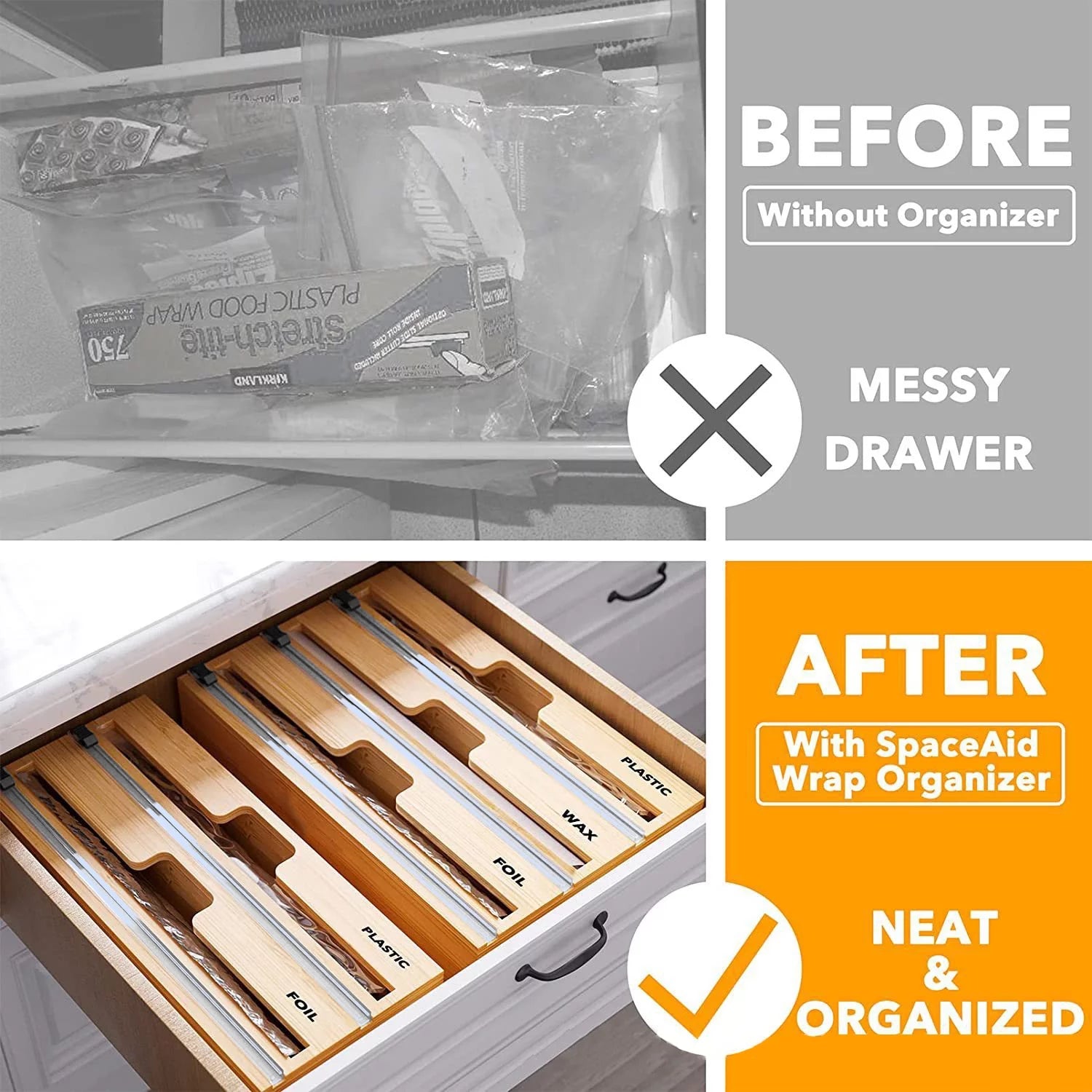 Plastic Wrap Dispenser with Cutter, 3 in 1 Bamboo Plastic Wrap Foil and Wax Paper Organizer and Dispenser for Kitchen Drawer, Wall Mount Holder (3 Slots)