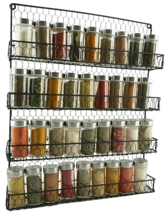 4 Tier Metal Spice Wall Mount Rack Organizer Pantry Cabinet Hanging Herbs Seasoning Jars Storage Closet Door Cupboard Mounted Holder Black. Dims: 21"Hx17.5"Lx3"W