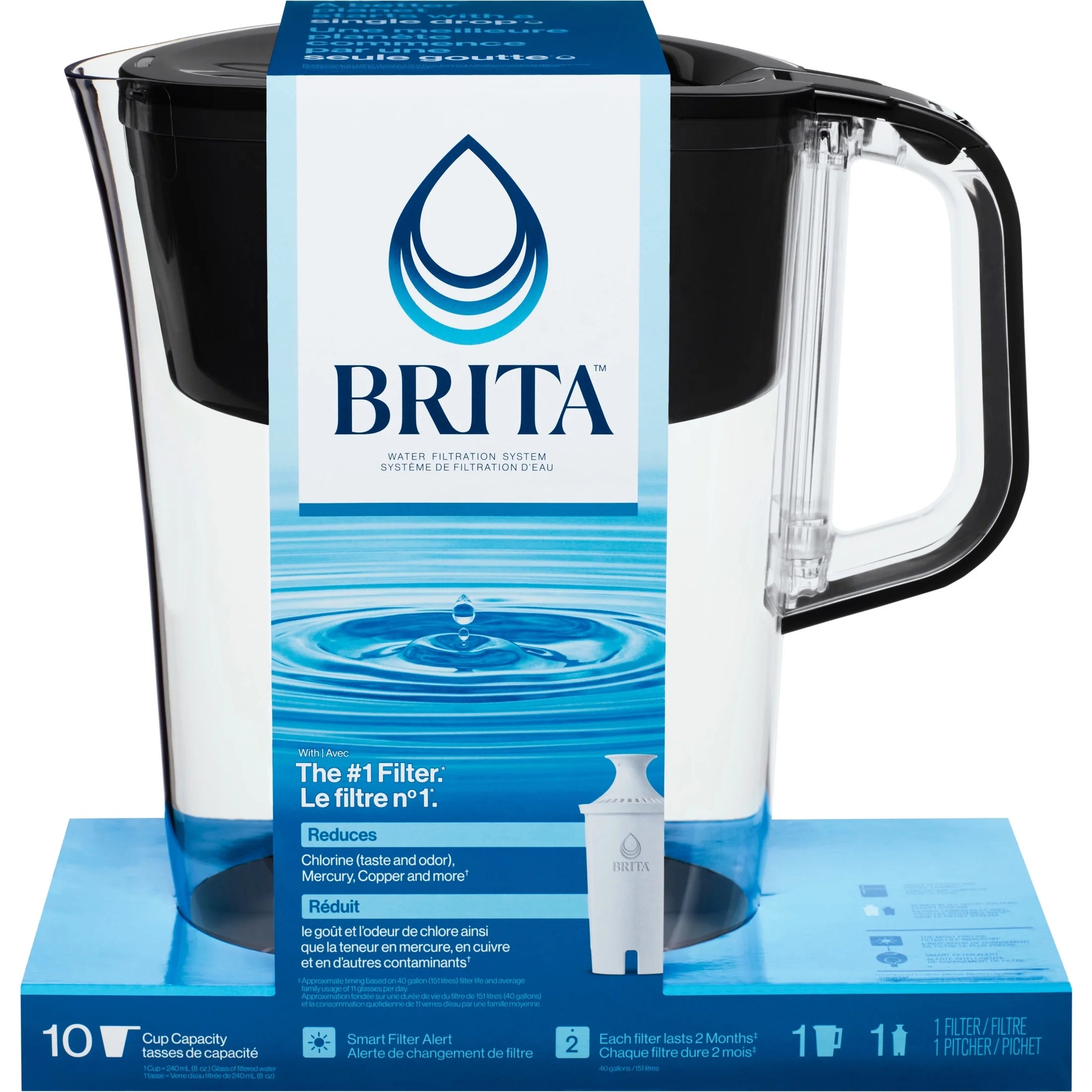 Large 10 Cup Black Tahoe Water Filter Pitcher with 1 Standard Filter, Made without BPA