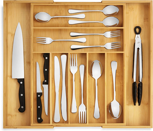 Bamboo Drawer Organizer - Expandable Silverware Organizer & Utensil Drawer Organizer, Cutlery Tray with Dividers, 7-9 Slots- Premium Kitchen Drawer Organizer for Utensils & Flatware (Natural)