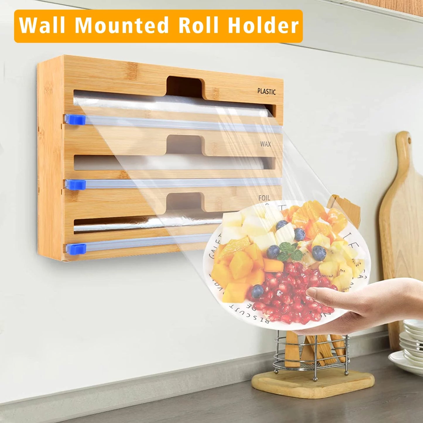 Plastic Wrap Dispenser with Cutter, 3 in 1 Bamboo Plastic Wrap Foil and Wax Paper Organizer and Dispenser for Kitchen Drawer, Wall Mount Holder (3 Slots)