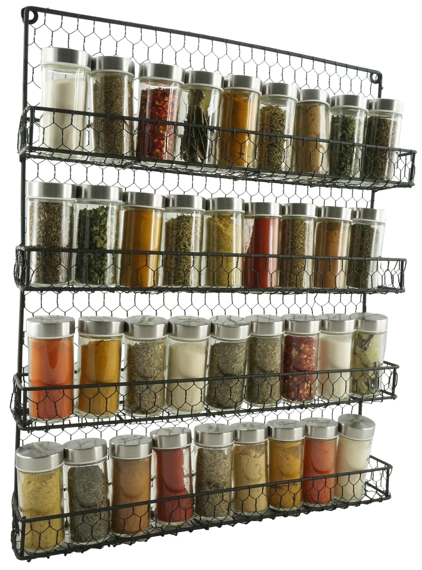 4 Tier Metal Spice Wall Mount Rack Organizer Pantry Cabinet Hanging Herbs Seasoning Jars Storage Closet Door Cupboard Mounted Holder Black. Dims: 21"Hx17.5"Lx3"W