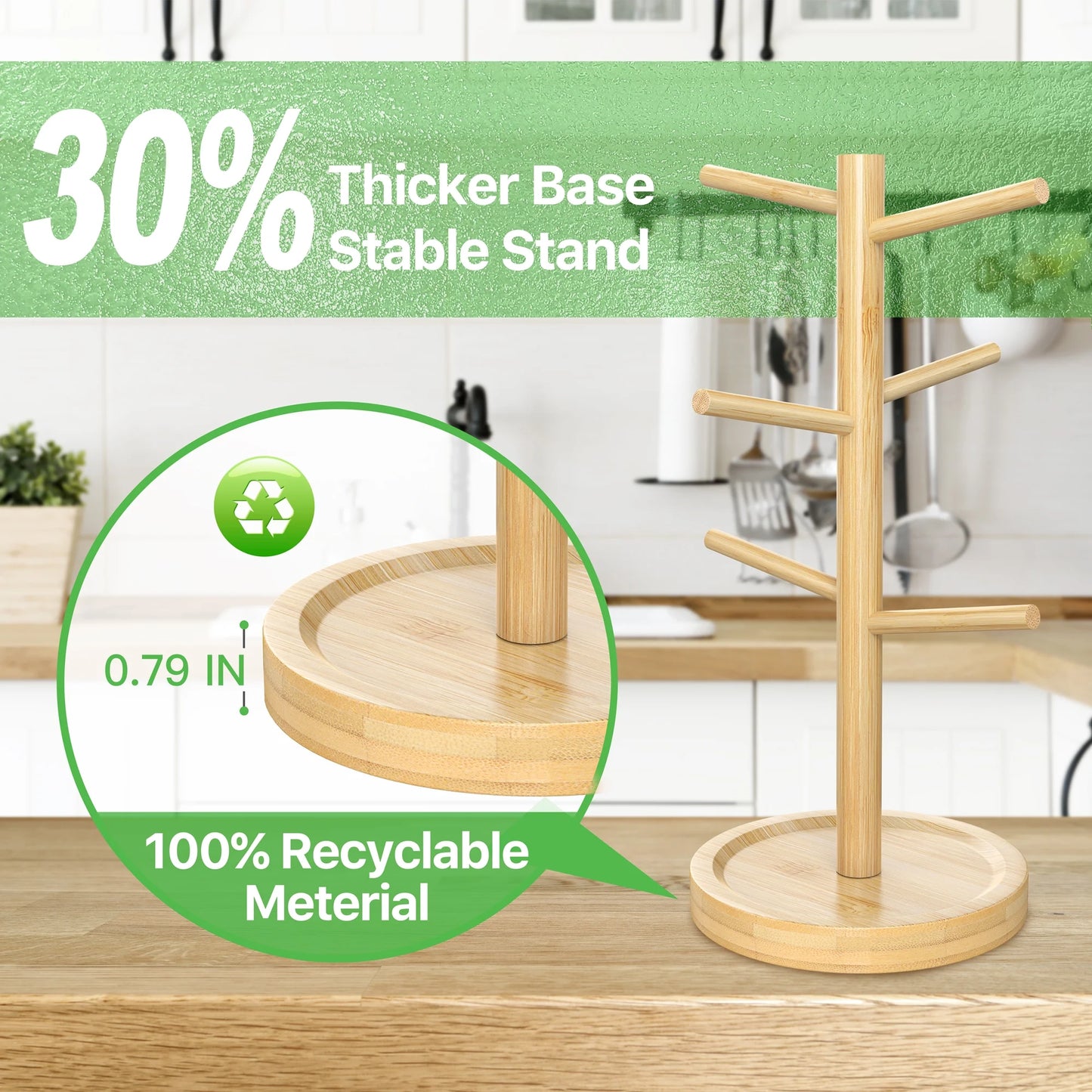 Coffee Mug Holder, Bamboo Mug Tree with Thicker Base Coffee Cup Mug Stand for Counter, Mug Rack with 6 Hooks