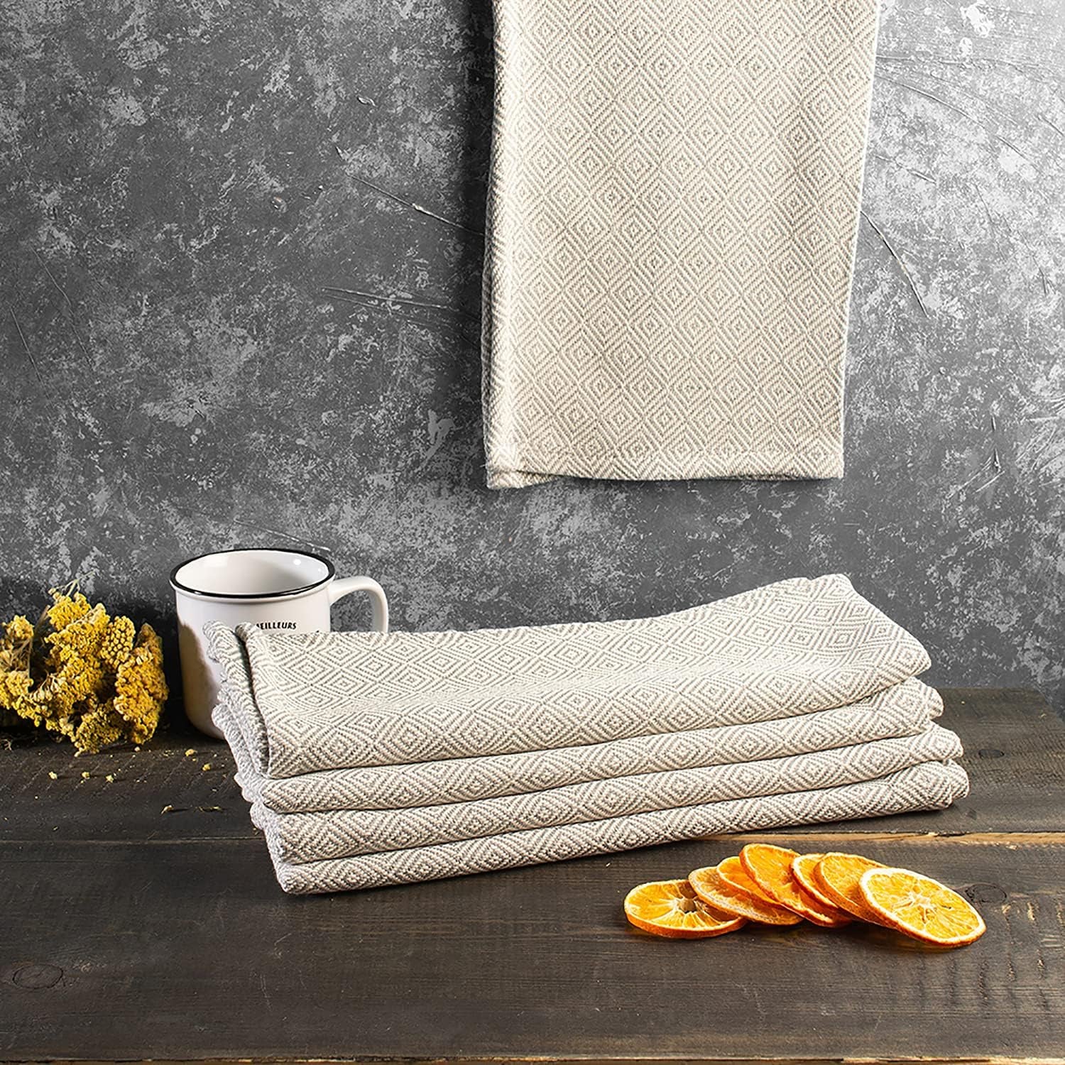 Turkish Hand Towels Grey | 5-Pack Bulk Cotton Kitchen Dish Towels for Drying Dishes | Absorbent Dishcloths for Kitchen | Tea Towels for Kitchen | Bar Rags | Bar Towels | Diamond Pattern