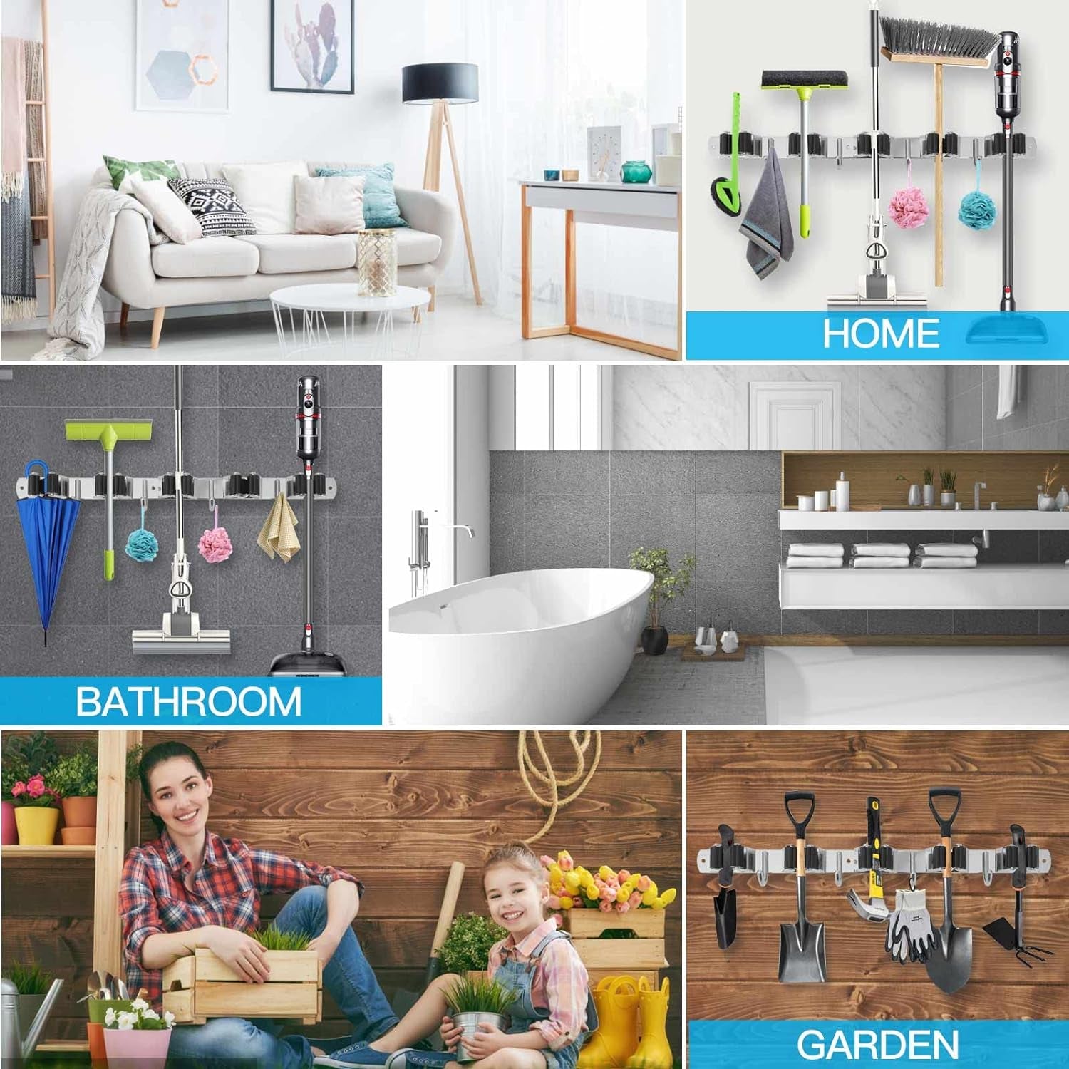 Heavy Duty Metal Mop and Broom Holder, Rust Proof, 5 Racks, 4 Hooks, Sturdy Stainless Steel, Space Saving, Easy Installation, Multi-Functional, After-Sale Service